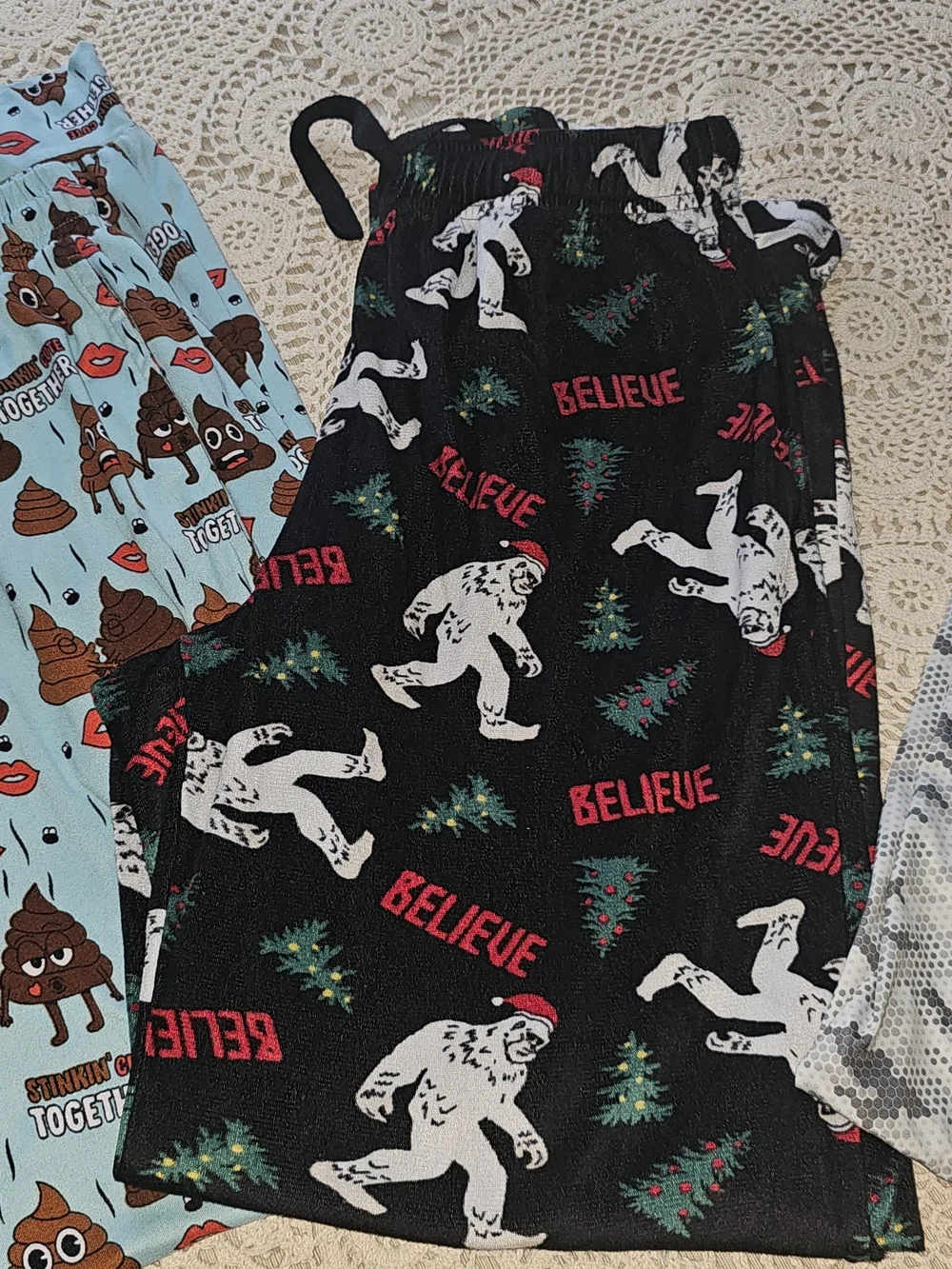 Women’s Novelty Pajama Pants Set - Light Blue Poop Emoji & Black Bigfoot Prints